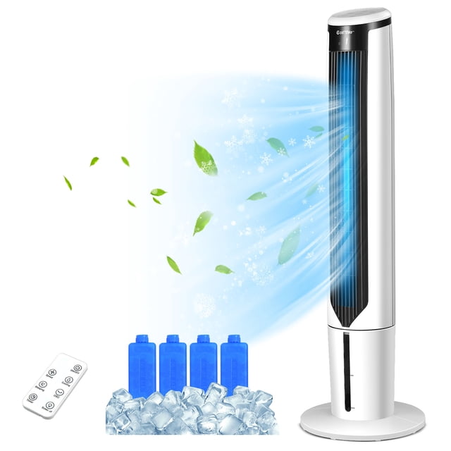 Costway 41" Evaporative Air Cooler Quiet Cooling Oscillating Fan with Remote Control. A sleek white bladeless tower fan with a 41-inch height and a compact 12.5-inch base. Features include a 70° oscillation, 3 wind modes, 3 speed settings, and a 0.66-gallon water tank for humidified cooling. Includes 4 ice crystal boxes for enhanced cooling, a remote control, and a smart touch panel. Suitable for bedrooms, living rooms, and offices.