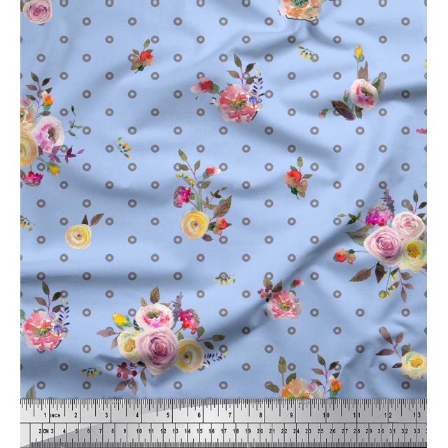 Soimoi Blue Modal Satin Fabric Leaves,Small Circle & Floral Printed Craft Fabric by The Yard 42 Inch Wide