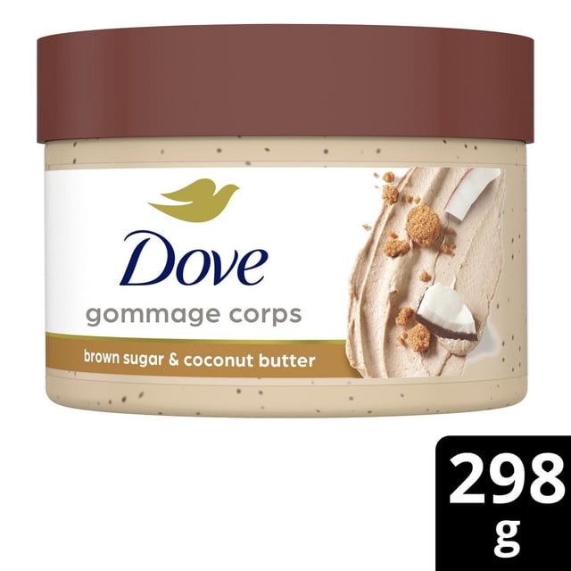 Dove Vernis Corporel Exfoliant à la Cassonade et au Beurre de Coco dans un Pot Rond beige avec Couvercle Brun, Présentant des Particules Exfoliantes Visibles. l'Étiquette Montre le logo Dove, le Nom du Produit en Français et en Anglais, et une image de Miettes de Cassonade et de Morceaux de Noix de Coco sur un Fond Texturé Crémeux, Convient à une exfoliation Corporelle Douce.