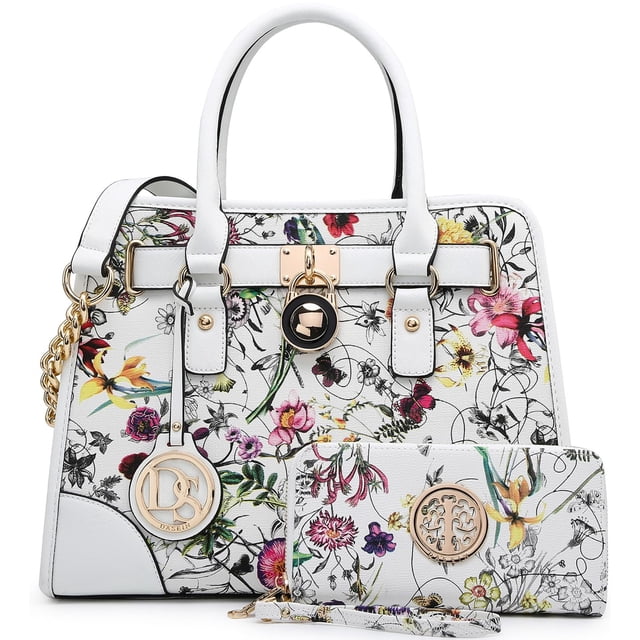 Dasein Women Handbags Top Handle Satchel Purse Shoulder Bag Hobo Bag Work Bag Set 2pcs (White Floral)