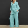 thumbnail image 2 of Women 2 Piece Linen Sets 2025 Button Up Long Sleeve Shirt Drawstring Wide Leg Pants Set Summer Outfits, 2 of 4