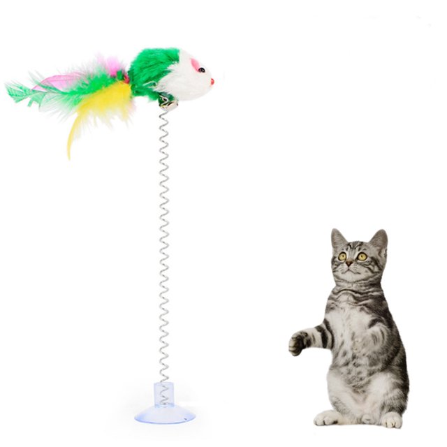 Cat Toy Funny Interactive Suction Spring Cat Toy featuring a colourful mouse-shaped plush with faux feathers in green, yellow, and pink attached to a stainless steel spring base with a suction cup. The toy stands approximately 22cm (8.66in) tall and is designed to attract cats' attention and encourage play. A grey tabby cat is shown engaging with the toy in a white background setting.