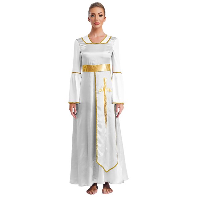 YUUMIN Robe Maxi Ample Longueur Cheville pour Femmes, Tunique Superposée de Danse de Louange, Robe de Culte Liturgique Blanche 4TG