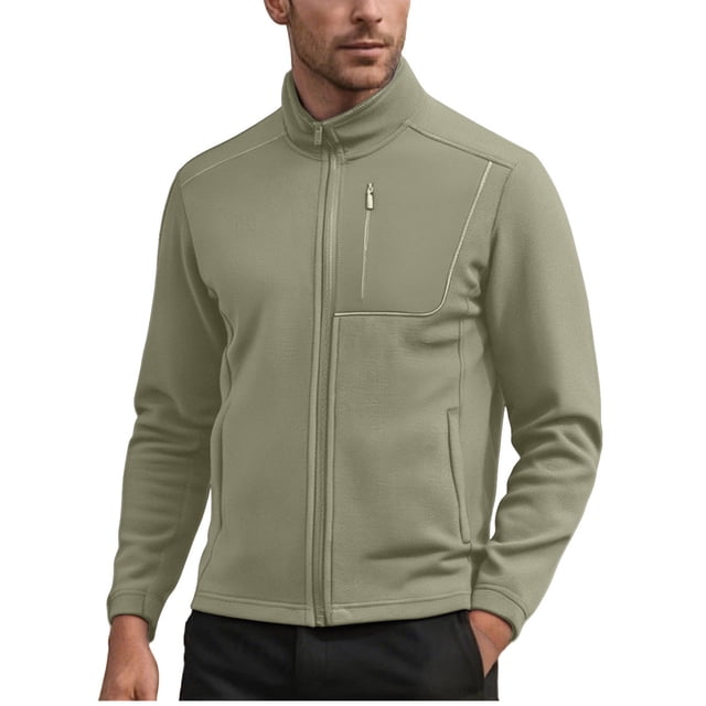 Lovzfmll Men's Polar Fleece Jacket, Solid Color Stand Collar, Long Sleeve Zip Front, Plush Lining, Fall Jackets for Men, Soft Thermal Jacket