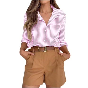 Swstbby Liquidation d'Économies d'Été! Hauts d'Été pour Femmes, Chemises à Rayures Boutonnées pour Femmes Chemises Habillées Manches Longues Décontractées à Col Chemise de Bureau avec Poche Rose G