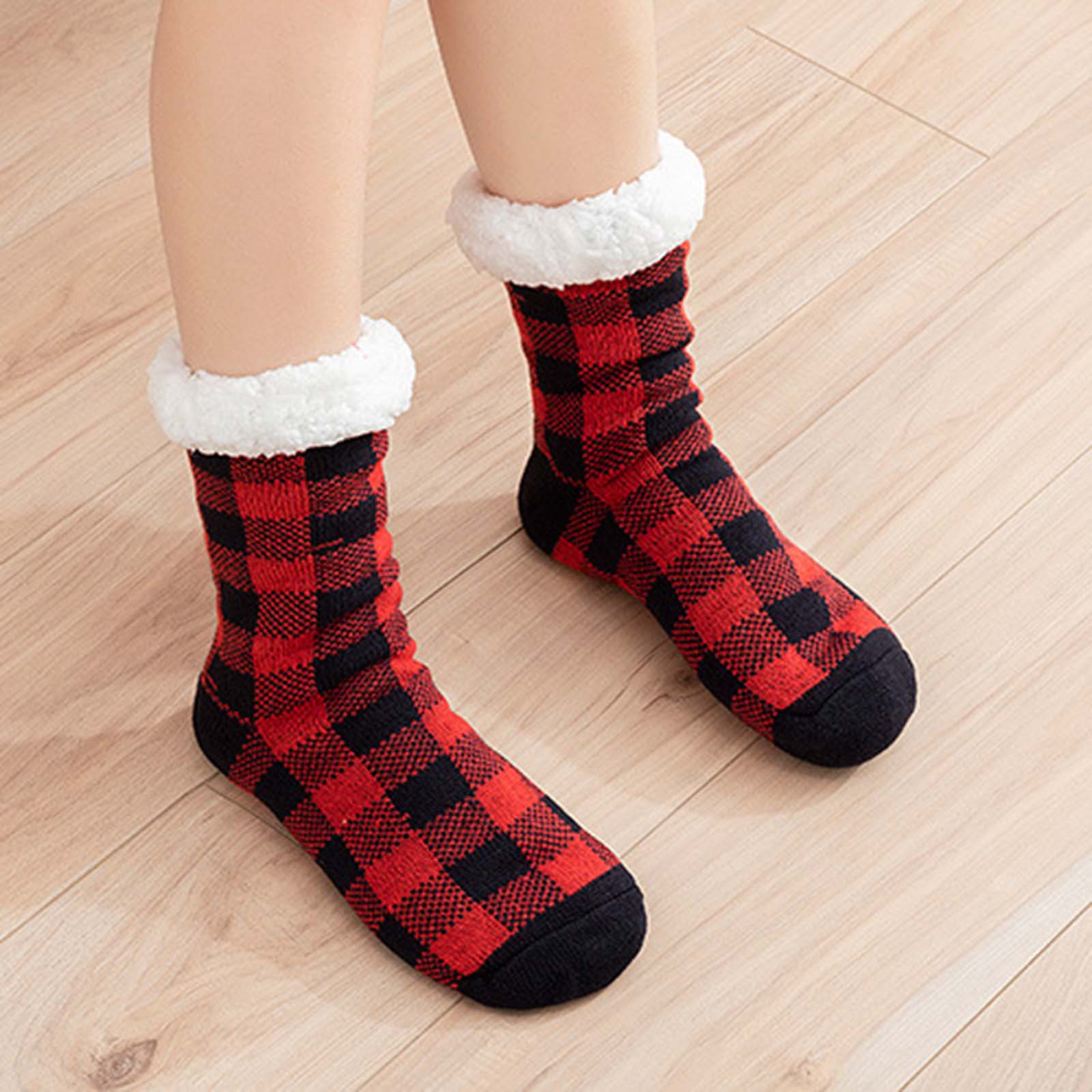 Ladies Warm Plaid Print Floor Socks Plush Coral Fleece Socks Sports Socks Sock Red
