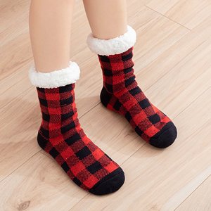 Ladies Warm Plaid Print Floor Socks Plush Coral Fleece Socks Sports Socks Sock Red