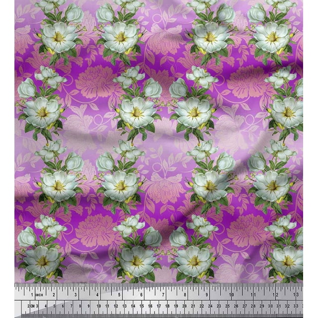 Soimoi Moss Georgette Fabric Leaves & Magnolia Floral Decor Fabric Printed Yard 42 Inch Wide