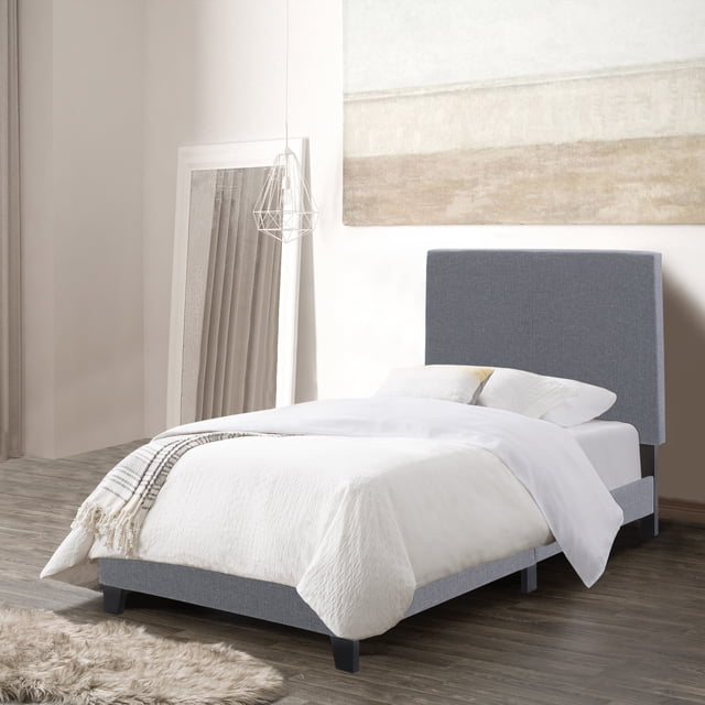 CorLiving Juniper Fabric Upholstered Adult Twin Platform Bed with Padded Headboard and Slats, No Box Spring Required, Grey