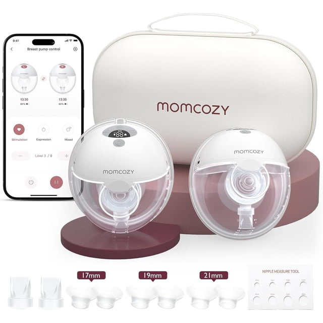 Momcozy M5 Smart App Control Hands Free Breast Pump, a portable electric wearable breast pump in gray, shown with two pump units, a smartphone displaying the app interface, multiple flange sizes (17mm, 19mm, 21mm, 24mm), and a carrying case. Features include 3 modes, 9 levels, and BPA-free food-grade silicone construction for safe and efficient milk expression.