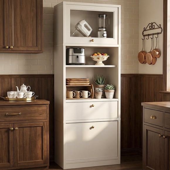 OMCHOM Armoire de Rangement 71 Pouces - Armoire de Garde-Manger de Cuisine avec Tablettes Ajustables, Tiroir, Compartiments Ouverts pour Salle de Bain, Salon, Cuisine - Blanc