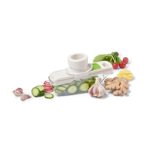 Starfrit Precision Slicer - Compact Mandoline - Perfect for Garlic & Ginger - 2 Thicknesses - Self Feeding Pusher - Food Container