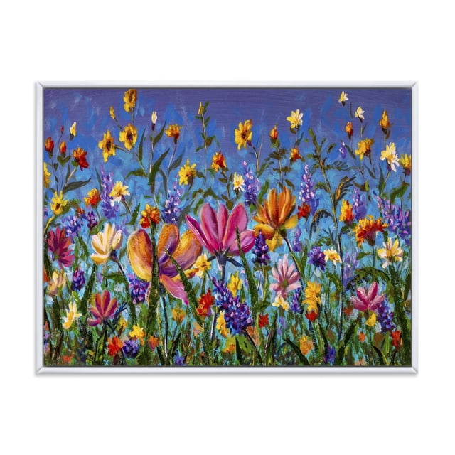 Designart Daisies and Wildflowers In Summer Garden Field I FLOAT FRAME WALL ART showing a gallery-wrapped canvas print of pink, orange, yellow, purple, and white wildflowers against a blue sky, stretched over a 1-inch wood sub frame and arriving ready to hang with included hardware.