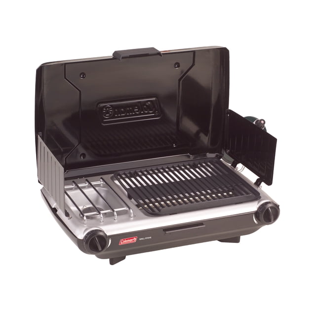 Coleman Tabletop Propane Gas Camping Grill/Stove, 2-Burner with black windblock panels, 131 sq. in. grill grate, and a stove burner fitting a 10-inch pan, featuring two control knobs and a compact design ideal for camp kitchen and outdoor cooking.