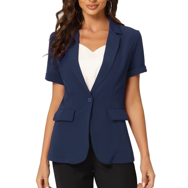 INSPIRE CHIC Women's Blazer Notch Lapel Collar Short Sleeves One Button Wear-to-Work Suit Jackets L Dark Blue