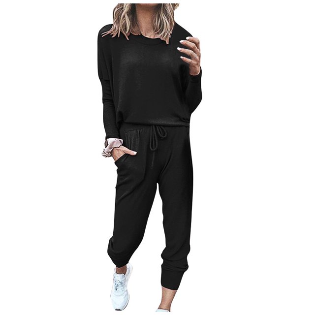 Kcodviy Femmes Col Rond Uni Chandail Habillé Tailleurs-Pantalons pour Invitée de Mariage Manches Longues Bandage Ample Combinaisons Habillées pour Femmes Soirée Pantalons Survêtements