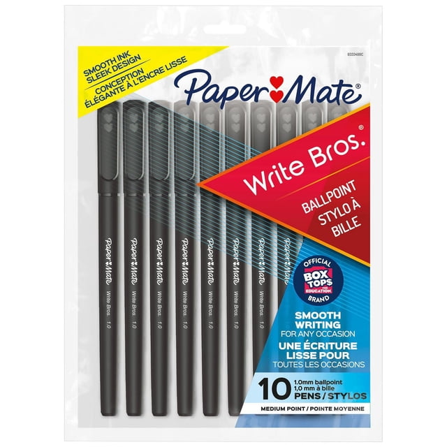 Paper Mate Ballpoint Pens Write Bros. black ink pens with 1.0 mm medium point, pack of 10, featuring thick barrel and long grip zone for comfortable, smooth writing. Suitable for office, school, or home use and often used for note-taking or journaling.