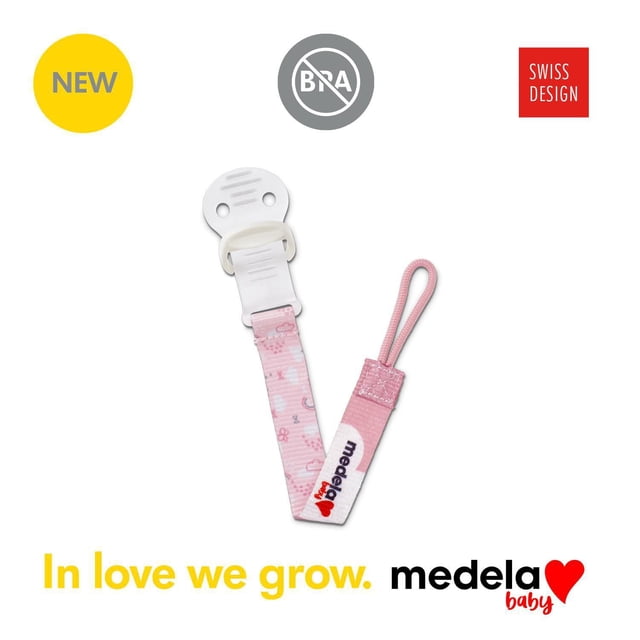 Medela Baby Pacifier Holder in pink with a white BPA-free clip and fabric strap printed with clouds and flowers, designed for newborns with easy one-hand clip operation, compatible with most pacifiers and safe for daily use.