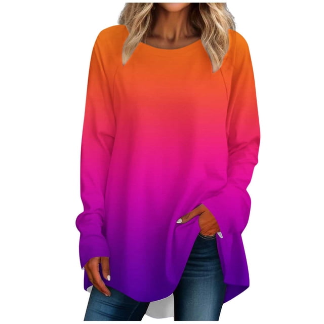 FAIWAD Women's Long Sleeve Tunic Tops Gradient Round Neck Trendy Spring Casual Pullover Tops
