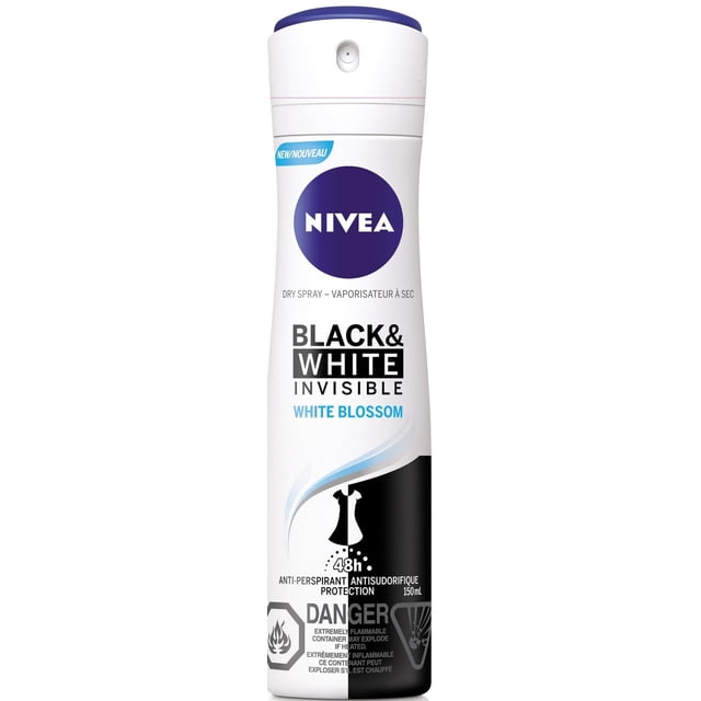 NIVEA Black & White Invisible White Blossom 48H Anti-Perspirant Protection Dry Spray in a 150ml white and black bottle with a blue spray nozzle, providing 48-hour odour and antiperspirant protection that prevents white marks on black clothes and yellow stains on white clothes with a quick-dry formula.