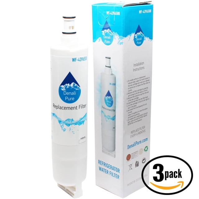 3-Pack Replacement Whirlpool GD5SHAXKQ00 Refrigerator Water Filter by Denali Pure, compatible with Whirlpool 4396508 and 4396510 models. The image shows one white filter cartridge with a blue Denali Pure logo and a matching branded box with installation instructions. Suitable for maintaining clean and fresh water in refrigerators.