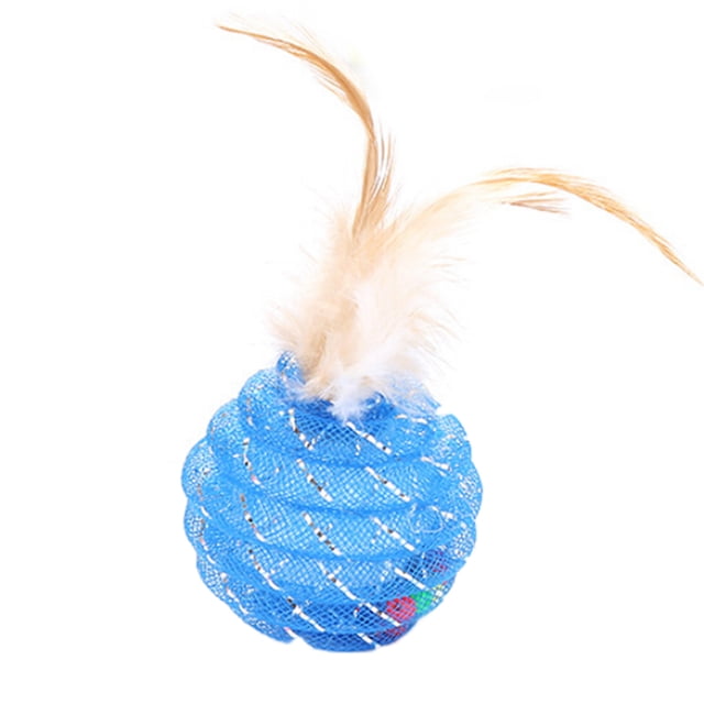 Cat Balle à Plumes Amusante Interactive d'Entraînement Cat Balle Teaser Cat Jouet à Plumes de Couleur Bleu Vif avec un Tuyau en Fil Métallique Enroulé et des Plumes Beiges Douces Fixées en Haut. la Balle a un Diamètre de 4,5 cm (1,77 Po) et Est Conçue pour Attirer l'Attention des Chats, Augmenter Leur Activité et Offrir un Plaisir Interactif. Fabriquée en Matériaux Durables de Tuyau en Fil Métallique et de Plumes.