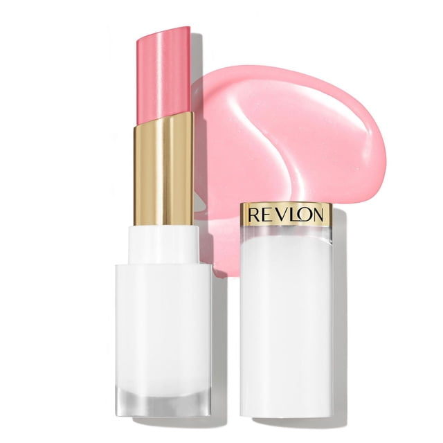 Super Lustrous™ Glass Shine Balm, Tinted Lip Balm in a white and gold tube with the cap removed, showing a sheer pink balm stick beside a glossy pink balm swatch with shimmer, featuring the Revlon brand on the cap, suitable for moisturizing lips while adding a glassy, sheer colour.
