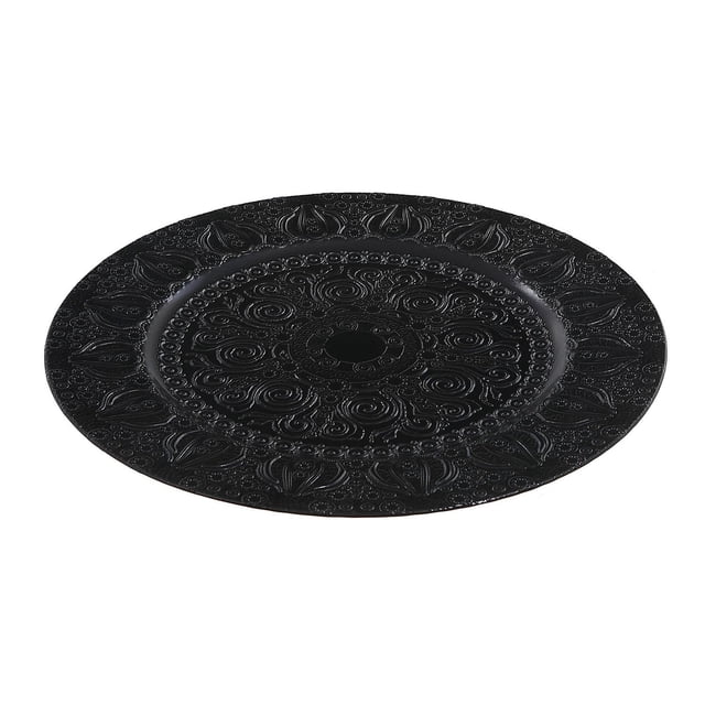 Charger Plate (Lily Bulb) (Black) (13") - Set of 6 front-facing stacked view of six 13-inch black melamine charger plates with a raised rim and 0.6-inch edge, displaying a lily bulb design on the surface, shown on a neutral tabletop for dining, catering and event place settings; often used to stage wedding or intimate-party tables.