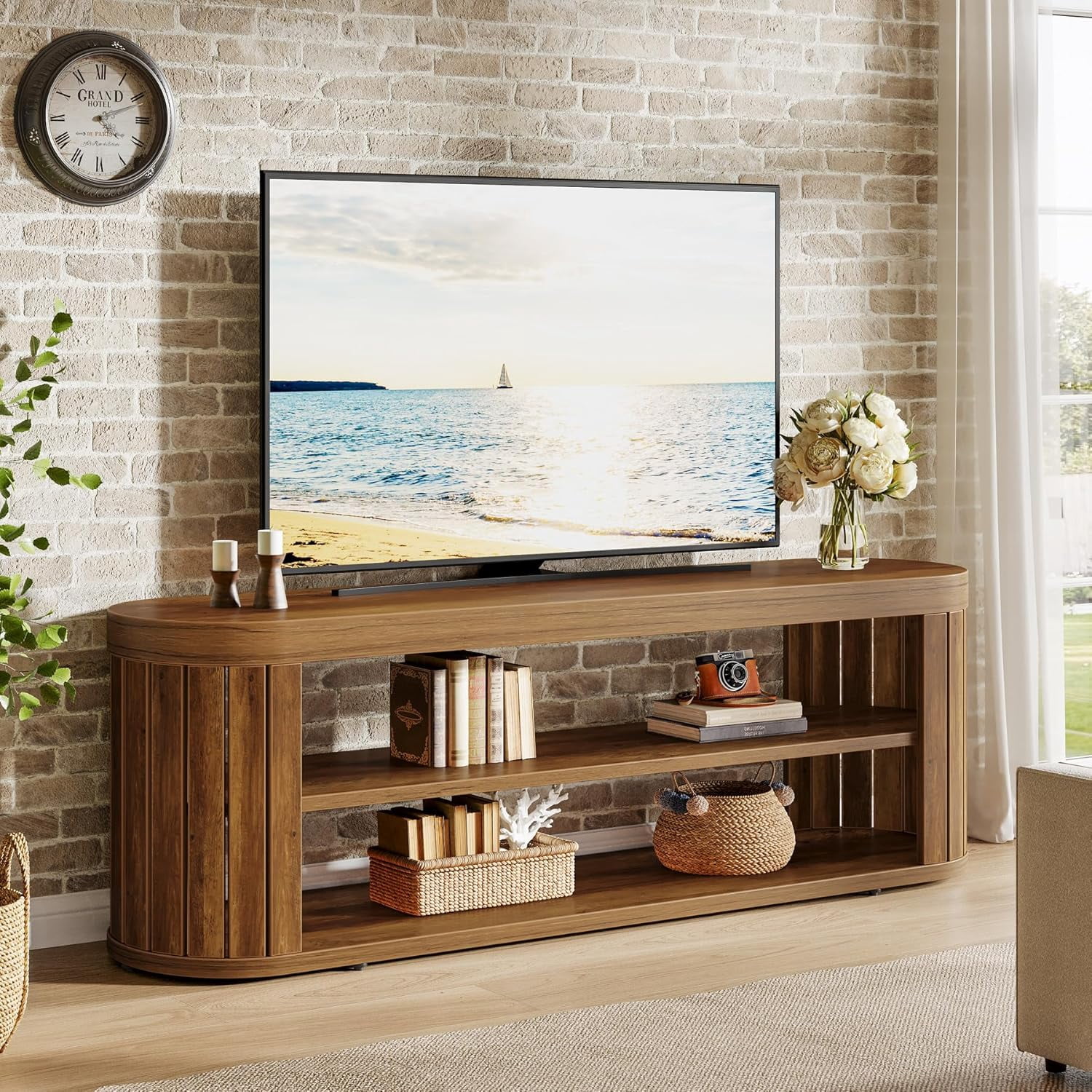 Tribesigns 47.2" TV Stand for TVs up to 55 Inches, Entertainment Center with 2-Tier Open Storage & Adjustable Foot Pads, Oval Media Console Table for Living Room, Bedroom，Rustic Brown