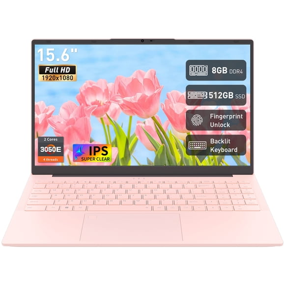 Exsurf 15.6" Home & Student Laptop,Win 11 Pro,8GB RAM 512GB SSD,Backlit Keyboard, Fingerprint Unlock,Pink