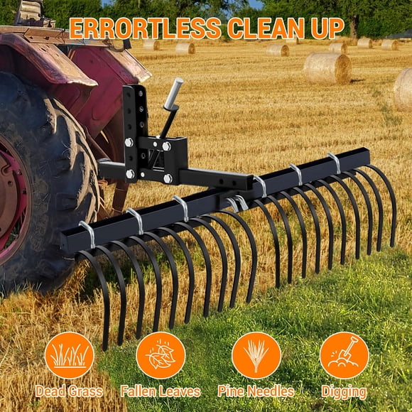 GloryStar 60" ATV/UTV/Tractor Landscape Rake with 20 Premium Steel Tines, Quick Clearing of Rocks and Debris