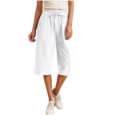 Staron Linen Pants for Women Casual Summer Cotton Linen Lounge Trousers Loose Solid Beach Drawstring Waist Wide Leg Elastic Waist Cropped Capris