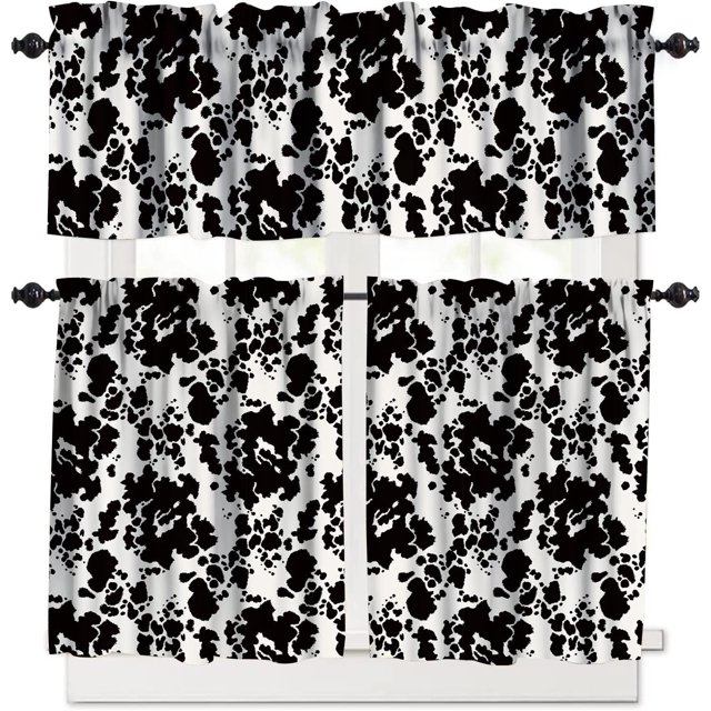 Western Black Cowhide Print Window Valance,Retro Home Bedroom Living Room Animal Cowhide Pattern Valance 3 Sets