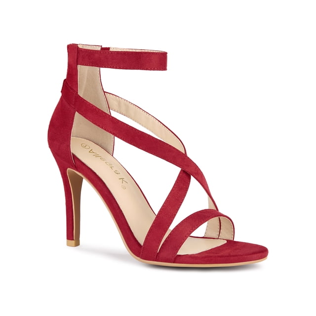 BLISSFUL STEP Women Zipper Ankle Strap Stiletto Heel Sandals Red 5