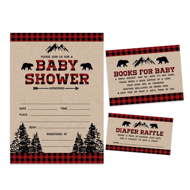 Inkdotpot Set Of 30Gender Neutral Rustic Baby Shower Invitations-Diaper Raffle Tickets And Baby Shower Book Request Cards Lumberjack Invites Its A Boy Its A Girl