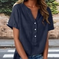 thumbnail image 2 of Floleo T-Shirt à Manches Courtes pour Femmes, Style Lin, Col en V, Boutons devant, Demi-Ouverture, Haut Vintage Classique, Respirant, Confortable, Extensible, Tissu Fin, Printemps Été Automne, Tenue Quotidienne (Navy#1, 2TG), 2 of 8