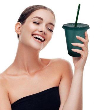 Gobelet avec Couvercle et Paille en Plastique PP 3 1 5 Bouteille Réutilisable pour Boisson Froide Café Jus Smoothie, Vert Foncé, Petit, 480ml