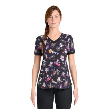 Haut d'uniforme à encolure en V à imprimé Scrubstar Freaky Funtime pour femmes