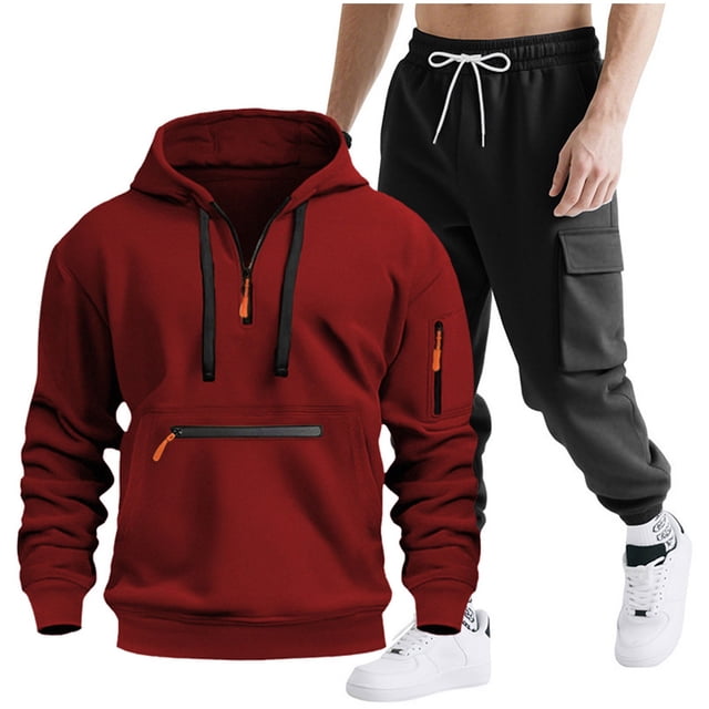 Mens Hooded Tracksuit, Long Sleeve Zipper Pocket Pullover and Drawstring Work Pants Set, Casual Two-Piece Outfit