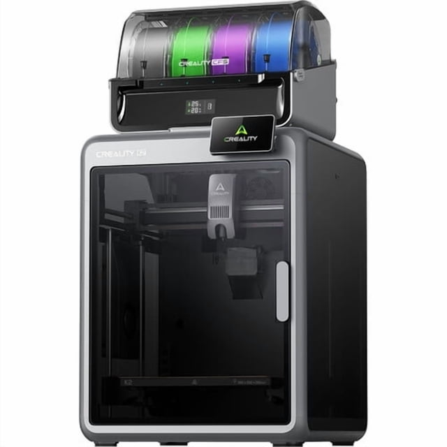 Creality K2 Combo 3D Printer with CFS featuring a 260×260×260 mm enclosed build chamber, die-cast metal frame, smart auto-leveling, and a top-mounted multicolor filament system with green, purple, and blue spools for up to 16-color printing, ideal for advanced multicolor and multi-material 3D printing projects.