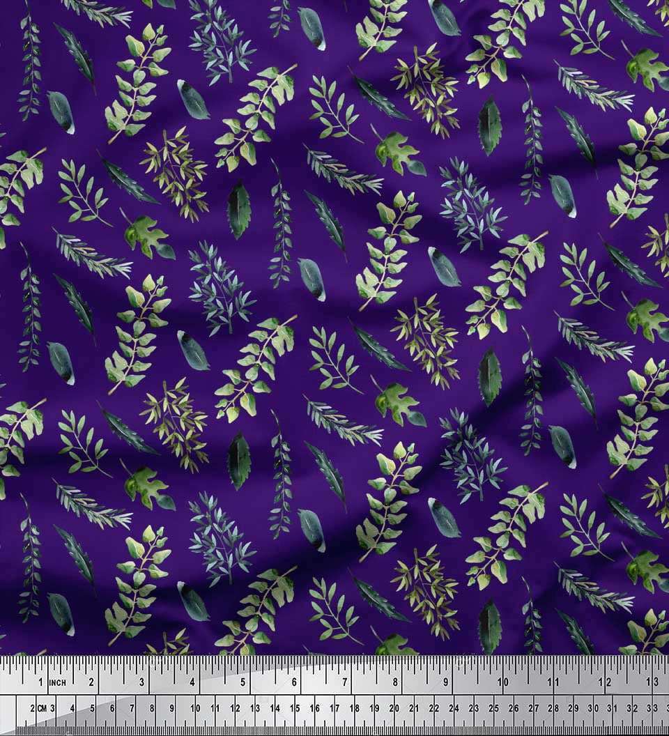 Soimoi Purple Velvet Fabric Curry & Leaves Printed Fabric 1 Yard 58 Inch Wide