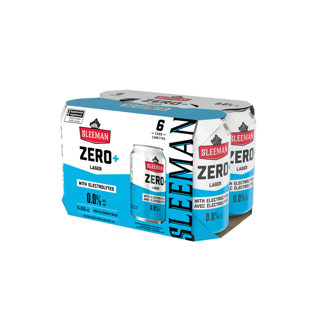 Sleeman Zero Ensemble de Six Canettes lager Sans Alcool avec Électrolytes et Eau de Coco, Comprenant 0,0 % d'Alcool par volume et Faible Teneur en Calories, Emballées dans un Contenant en Carton Blanc et Bleu avec logo Sleeman Rouge.
