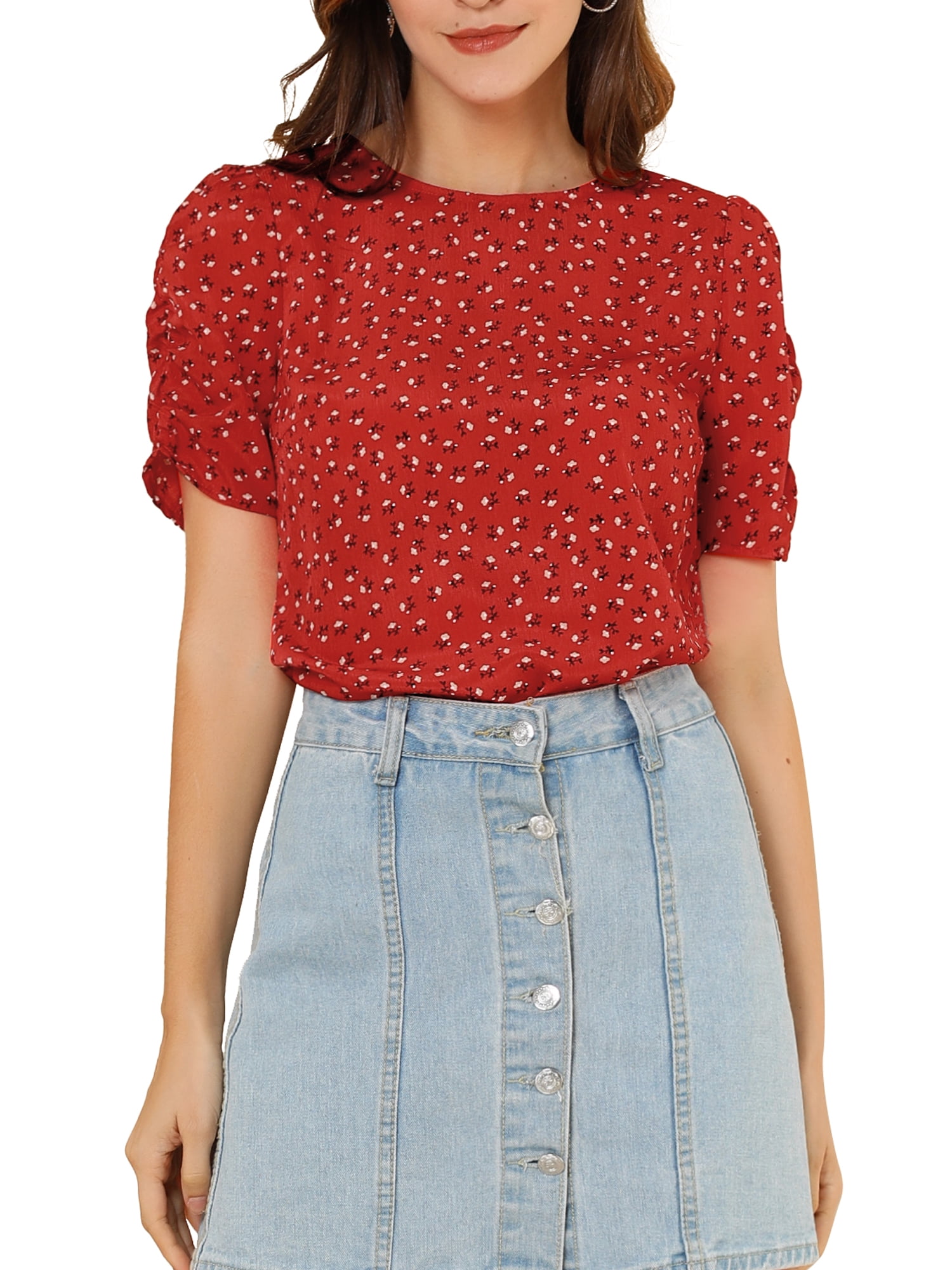 INSPIRE CHIC Haut Froncé pour Femme Col Rond Manches Courtes Chemisier à Fleurs Rouge P