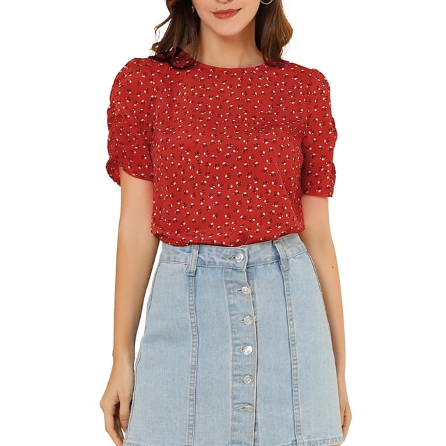 INSPIRE CHIC Hauts Froncés pour Femmes Col Ras du Cou Manches Courtes Dos Goutte d'Eau Blouse Florale TP Rouge