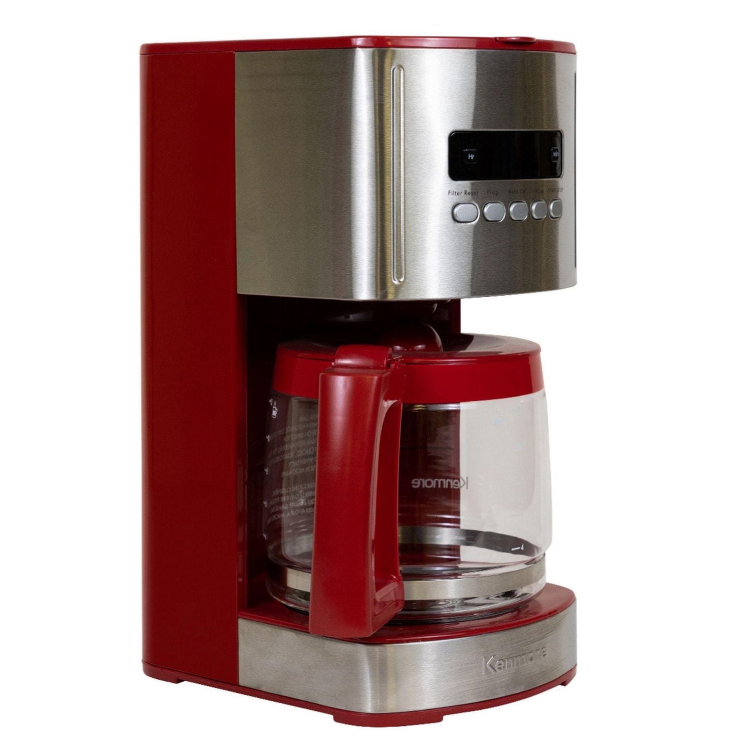 Kenmore 12-Cup Programmable Coffee Maker, Red/Stainless Steel, Aroma Control, Digital Display, Glass Carafe, Reusable Filter, Timer, Charcoal Water Filter