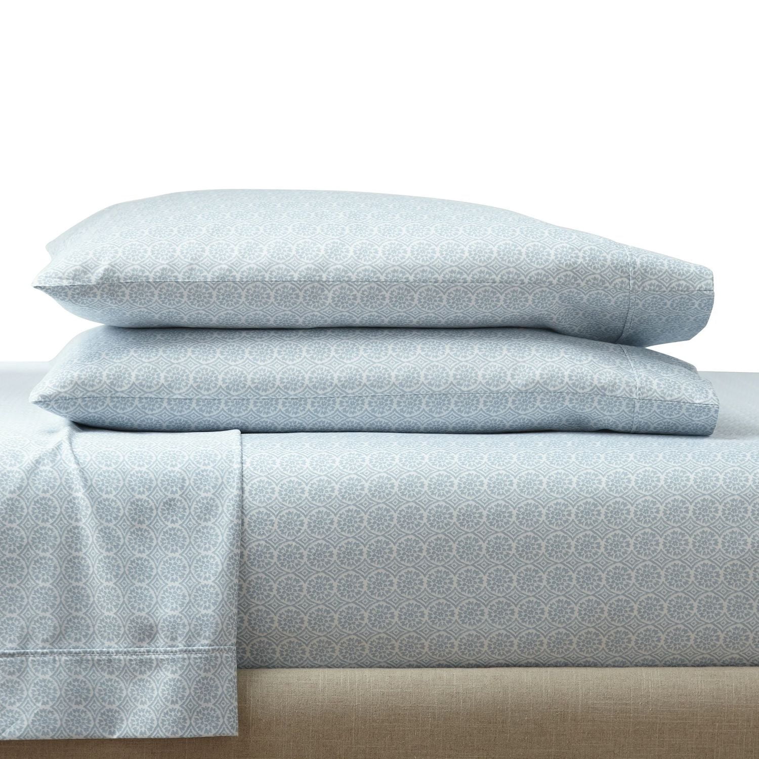 Better Homes & Gardens Ensemble de draps en satin de coton 300 fils, 4 pièces – Eau bleue Suzani, Très grand lit (King)