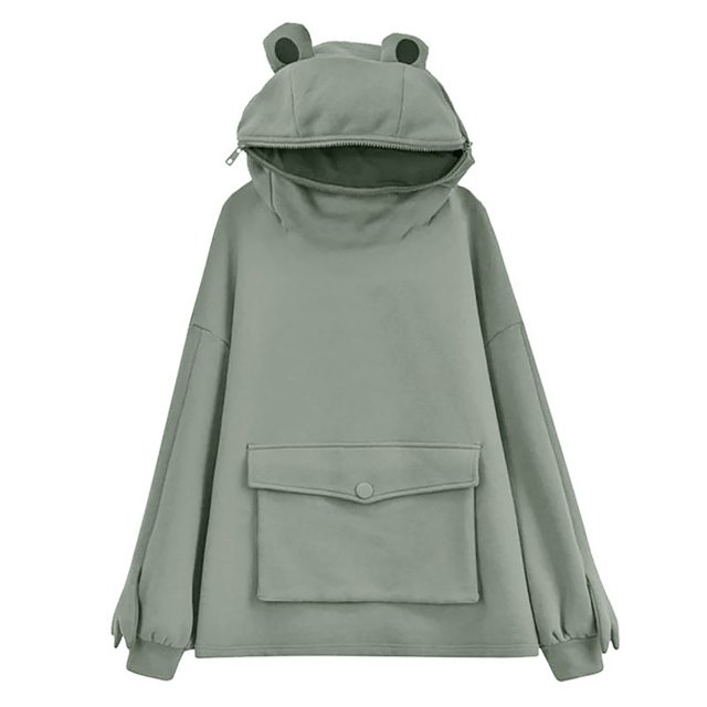 Chandail à Capuchon Grenouille pour Femmes à Manches Longues, Couleur Unie, avec Poche. Coupe Décontractée, Capuchon Inspiré de la Grenouille avec Fermeture Éclair, Manches Longues et Poche à Rabat. Fait de polyester et de Coton pour le Confort et la Respirabilité. Idéal pour une Tenue Décontractée, Chandails à Capuchon pour Femmes, Détente Ou Activités de Plein Air.