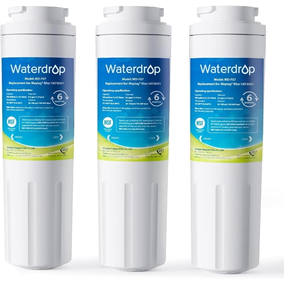 Waterdrop 3-Pack EDR4RXD1 Refrigerator Water Filter - Compatible with EveryDrop Filter 4, Whirlpool UKF8001, Maytag UKF8001AXX & More (Replaces 4396395, WD-F07)