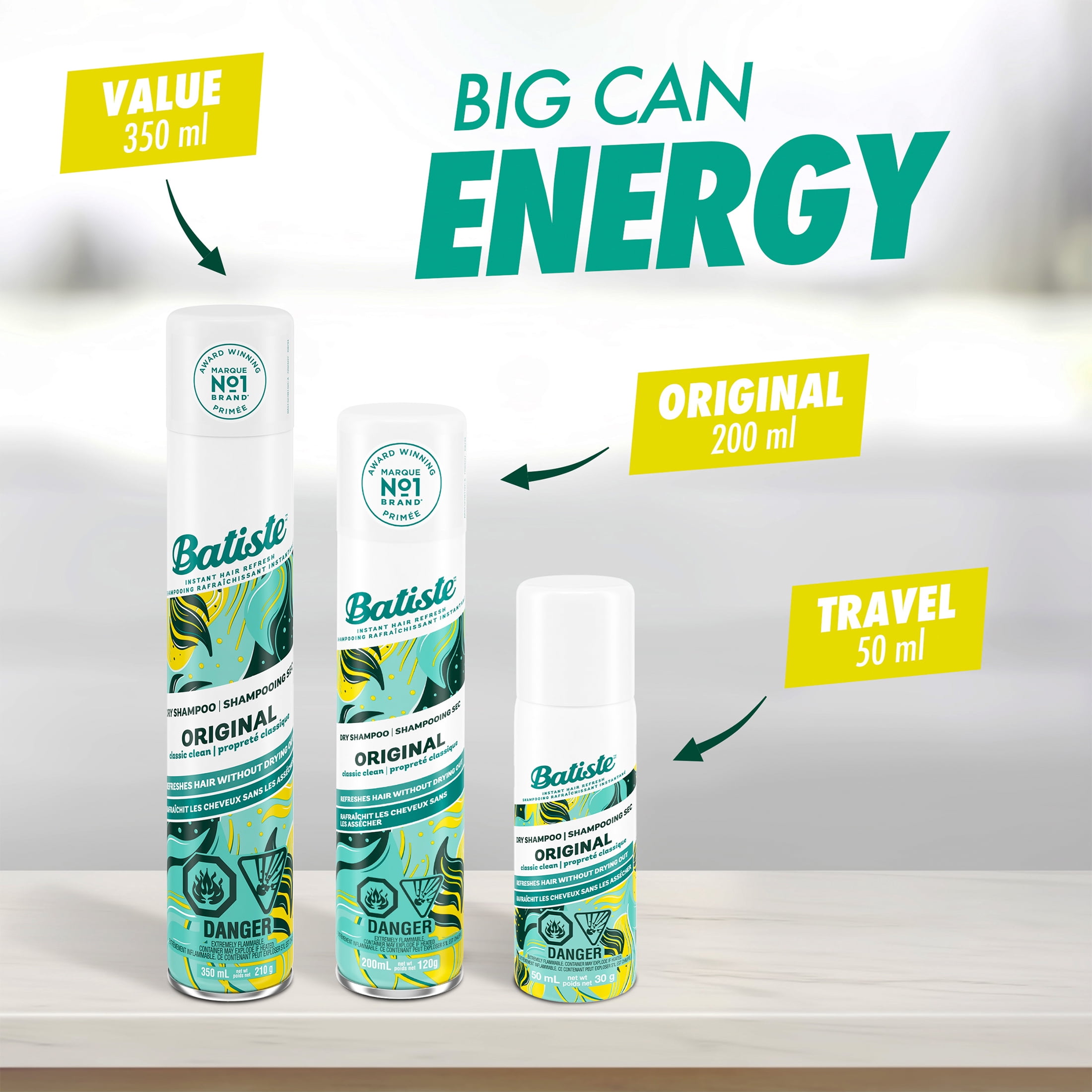 Batiste Shampooing Sec Original, Format Mini de Voyage, Rafraîchit Instantanément les Cheveux, Absorbe l'Huile & le Gras, Formule Sans Eau pour Plus de Texture et de Volume des Cheveux