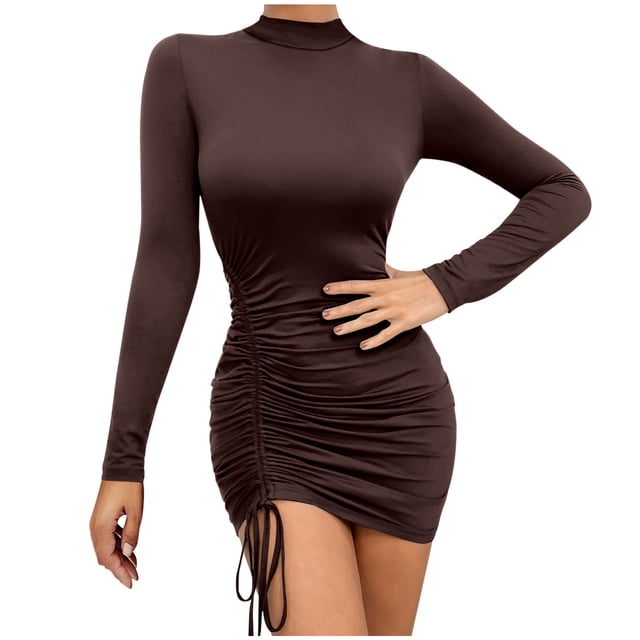 Yuyuzo Women Stretchy Mini Dresses Club Wear Slim Tight Long Sleeve Drawstring Hem Basic Short Dress Solid Color